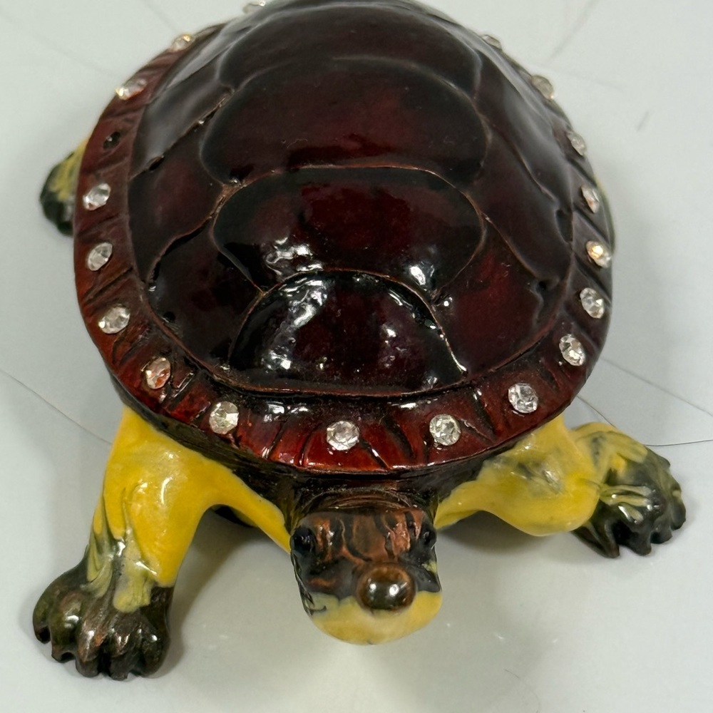 Yellow and Dark Red Turtle Trinket Box with Rhinestone Accents